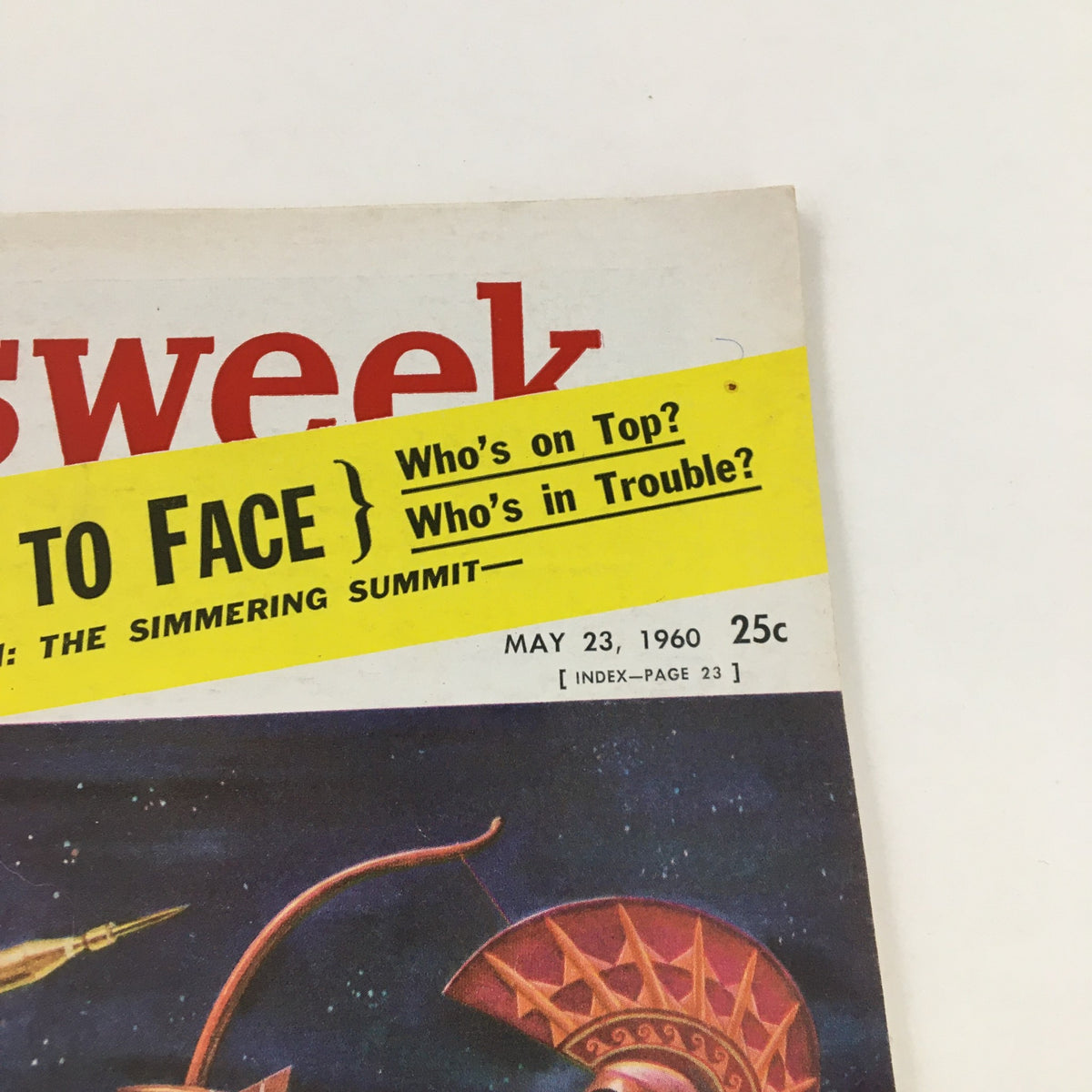 Close-up of the Newsweek Magazine cover from May 23, 1960 highlighting the question 'Who's on Top? Who's in Trouble?' with vibrant artwork and details related to Eisenhower and Kennedy.