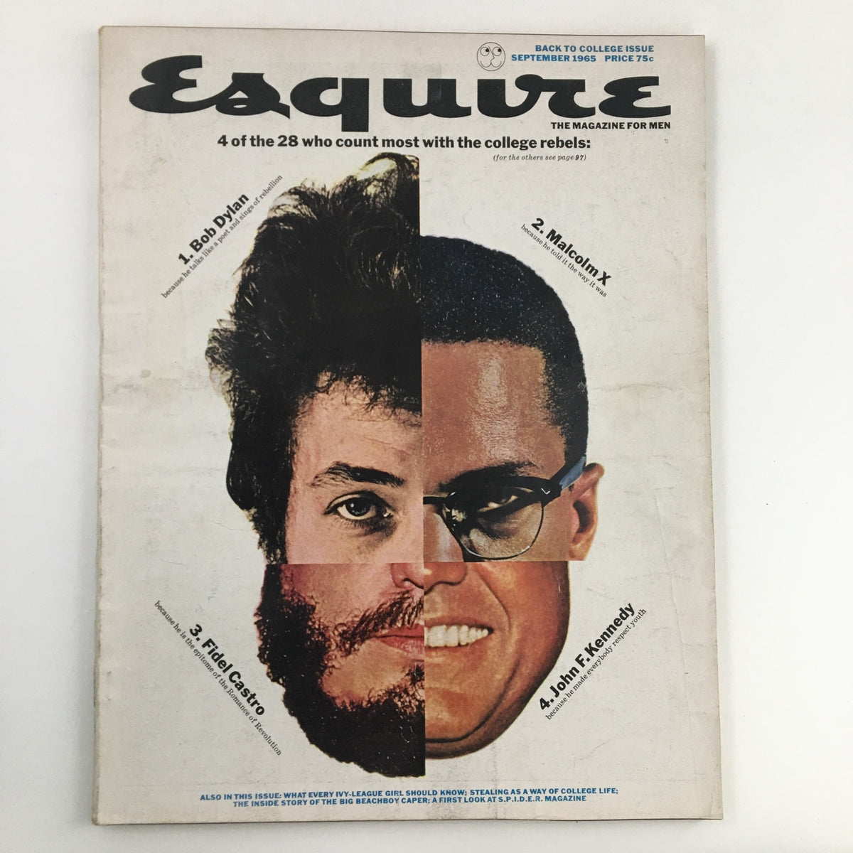 Esquire Magazine September 1965 cover featuring iconic figures Bob Dylan, Malcolm X, Fidel Castro, and John F. Kennedy, highlighting cultural and political themes of the 1960s.