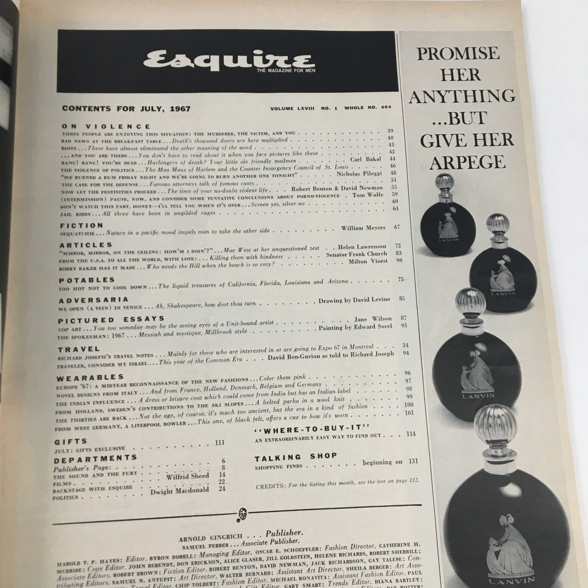 Contents page of Esquire Magazine July 1967 detailing articles and essays, including discussions on violence, reflecting the cultural context of the era.