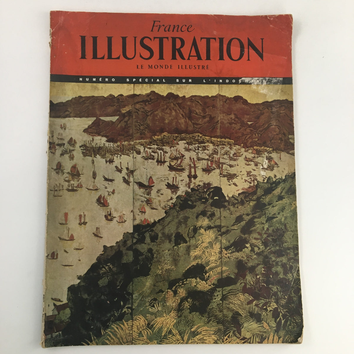 Cover of France Illustration Magazine from June 1949, featuring vibrant artwork of a coastal scene with ships and mountains, emphasizing the theme 'L'Annee Du Buffle'.