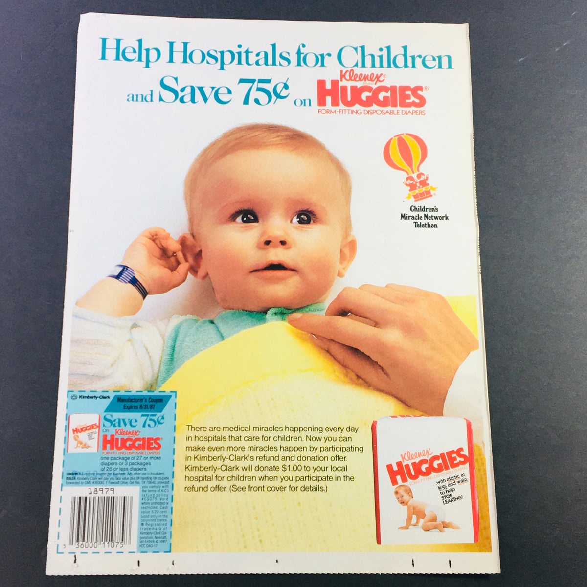 VTG Retro 1987 Kimberly Clark Diaper Products Marie Osmond Donation Ad Coupon showing a smiling baby with a hand holding a blanket, promoting Huggies and supporting hospitals for children.