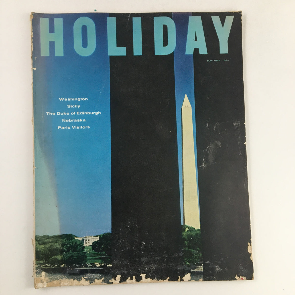 Holiday Magazine May 1956 cover featuring the North Portico of Thomas Jefferson Memorial, showcasing American architecture.