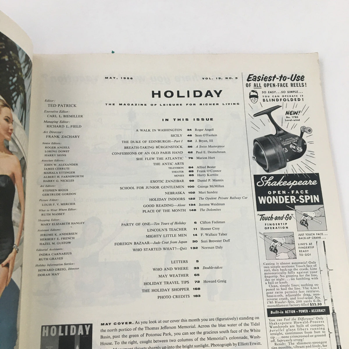Inside page of Holiday Magazine May 1956 listing articles, showcasing content from the 1950s.