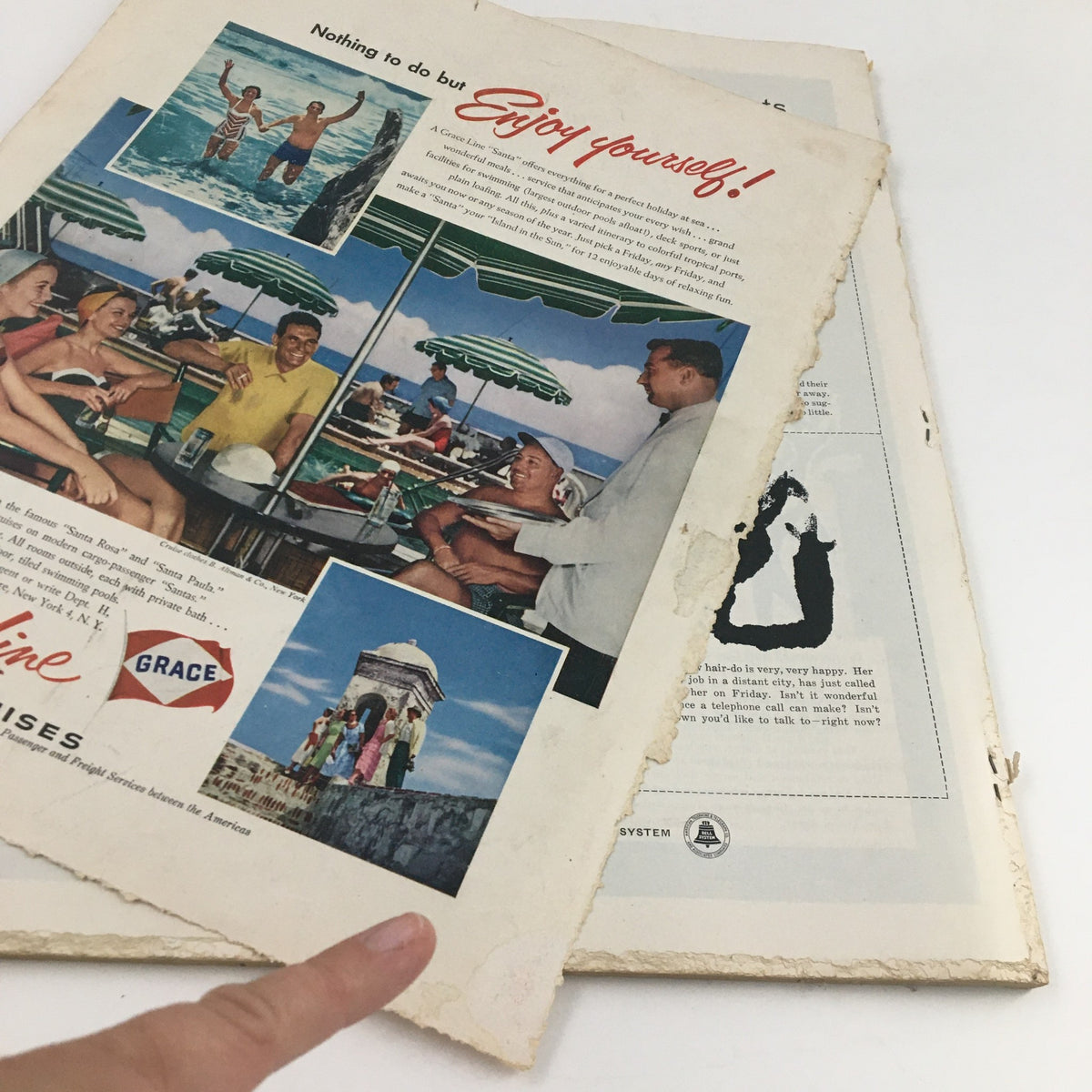 Back cover of Holiday Magazine May 1956 depicting a lively social scene, illustrating mid-century leisure.
