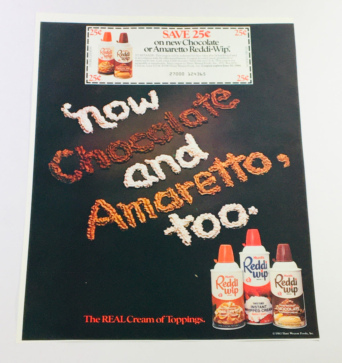 VTG Retro 1984 Hunt's Chocolate and Amaretto Reddi-Wip Cream Topping Ad Coupon featuring colorful textured lettering and images of cream topping cans, emphasizing a discount offer.