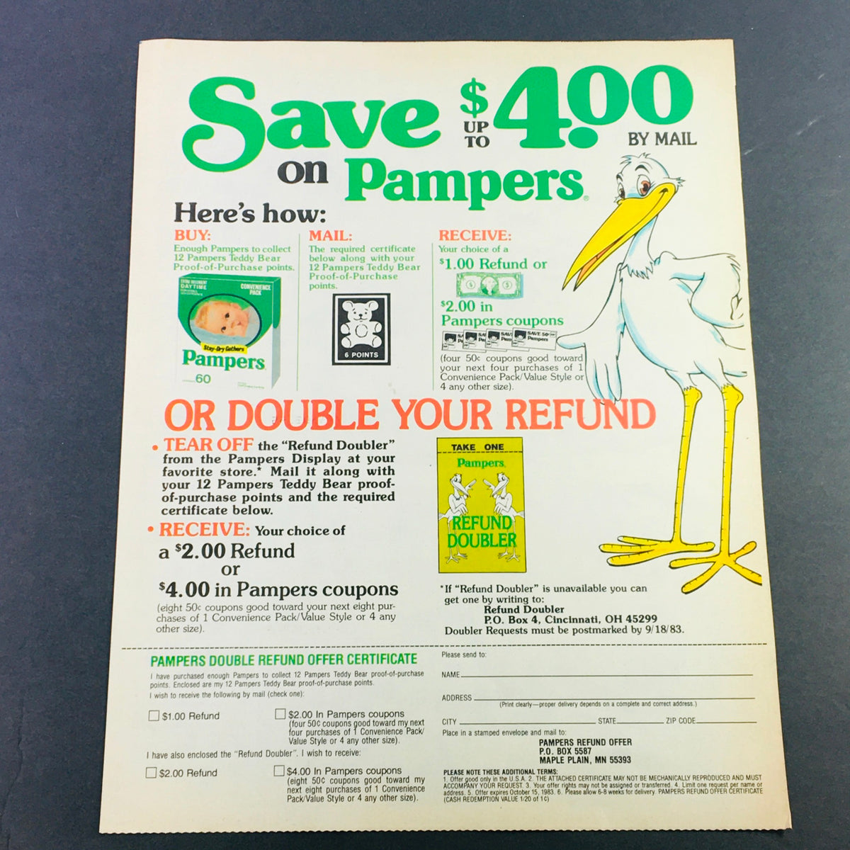 VTG Retro 1983 Pampers Diaper Double Refund Offer Certificate Ad Coupon showcasing savings opportunities on Pampers diapers with a colorful design featuring a stork and details about refunds and coupons. Perfect for collectors of vintage advertisements.