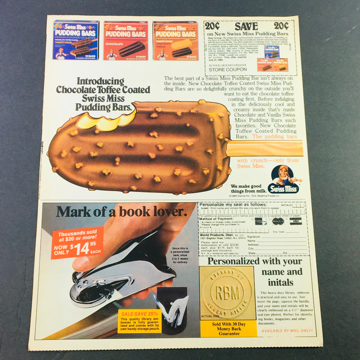 Vintage advertisement showcasing Swiss Miss Pudding Bars and personalized library embossers, featuring the title 'VTG Retro 1983 Pampers Diaper Double Refund Offer Certificate Ad Coupon'. The ad highlights a chocolate-covered pudding bar and promotional offers.