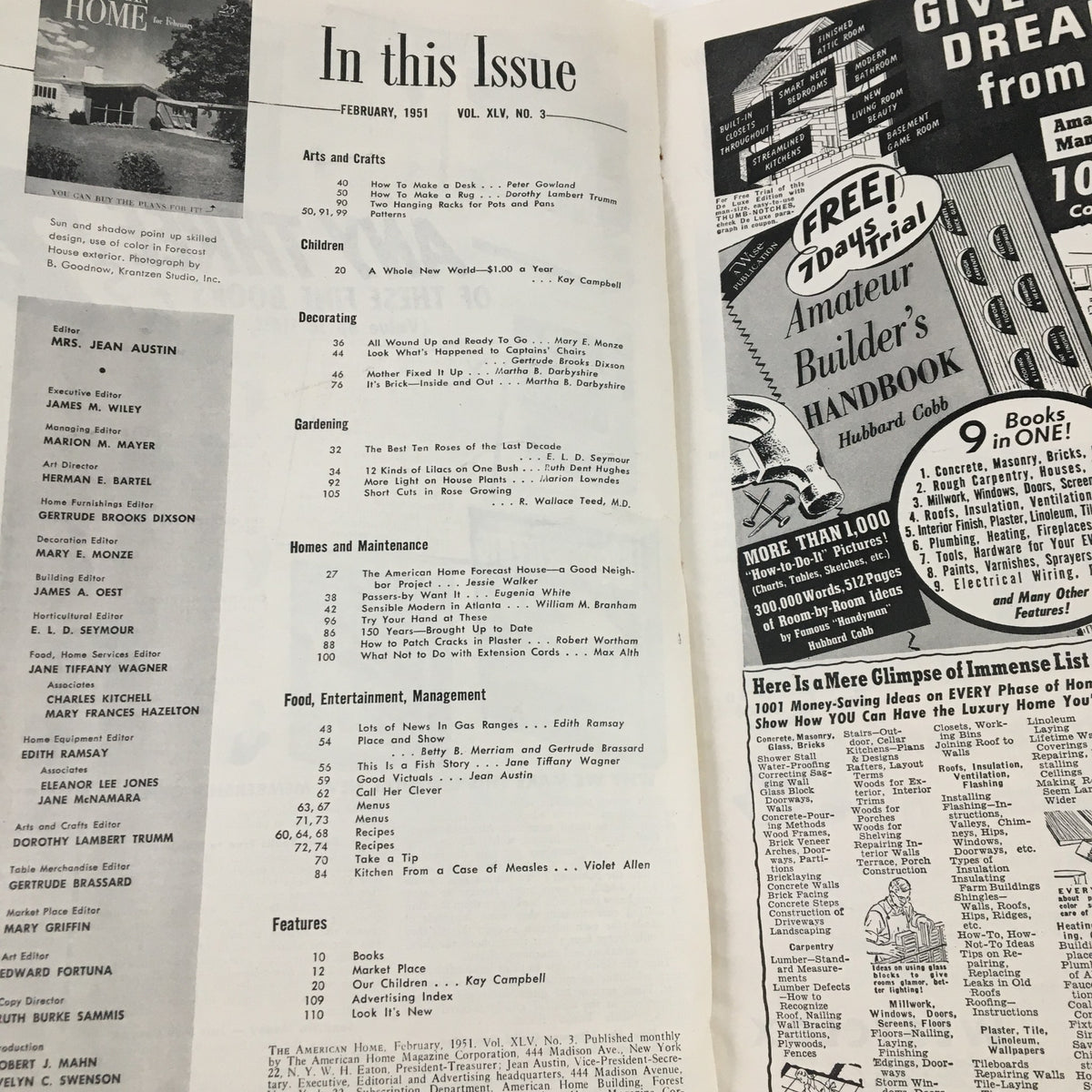 Table of contents from The American Home Magazine February 1951, showcasing sections like arts, crafts, gardening, and home maintenance, highlighting various features and topics for mid-century home design and organization.