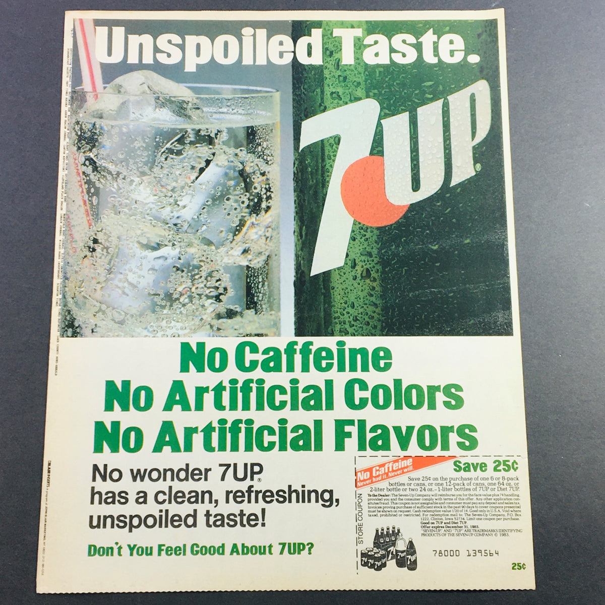 Vintage magazine ad featuring 7Up and Diet 7Up from 1983, highlighting the no caffeine feature and promoting refreshing taste. Includes promotional coupon for 7Up. VTG Retro 1983 7Up and Diet 7Up No Caffeine & Sheet Music Magazine Ad Coupon.
