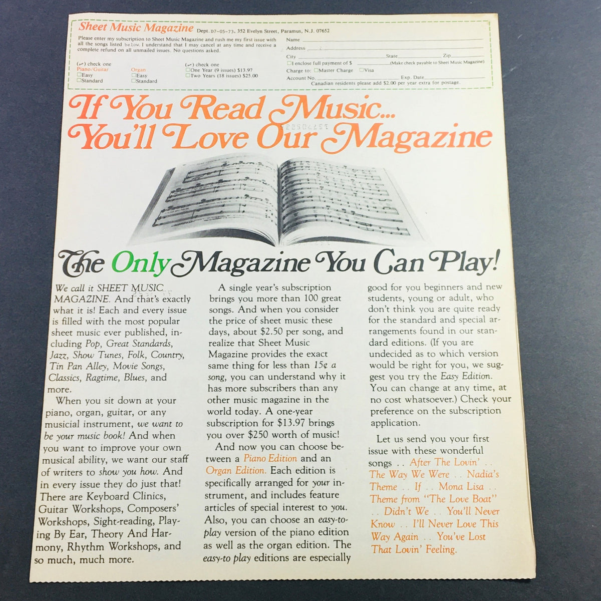 Cover of the Sheet Music Magazine showcasing subscription details and featured content related to popular sheet music from various genres. VTG Retro 1983 7Up and Diet 7Up No Caffeine & Sheet Music Magazine Ad Coupon.