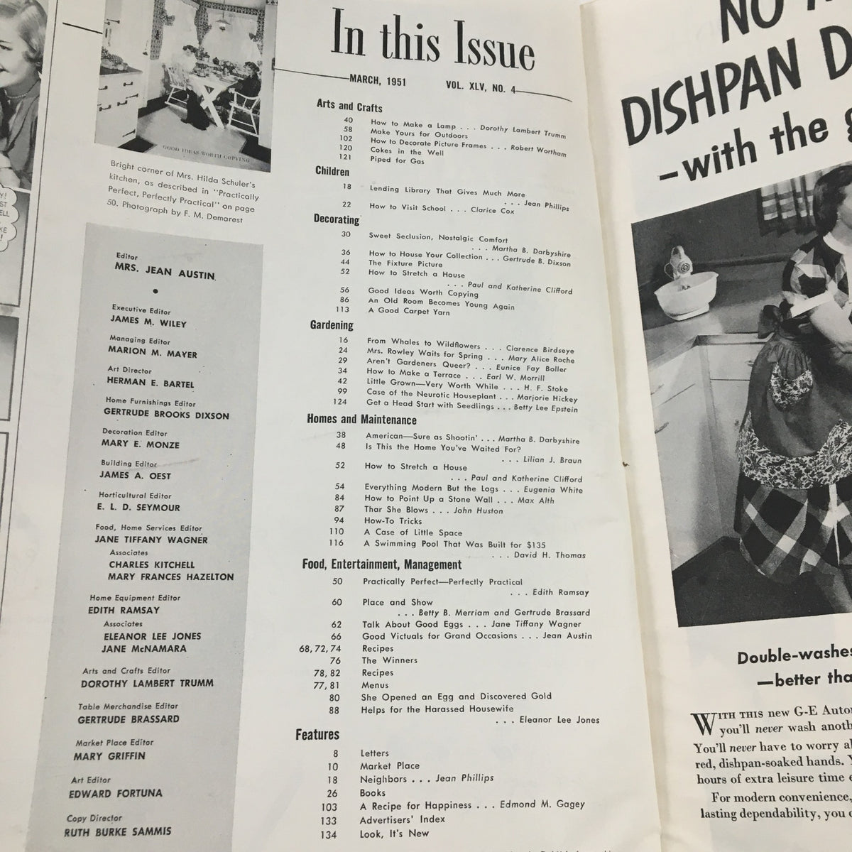 Page from The American Home Magazine March 1951 displaying the table of contents with various articles on home decoration, gardening, and practical tips.
