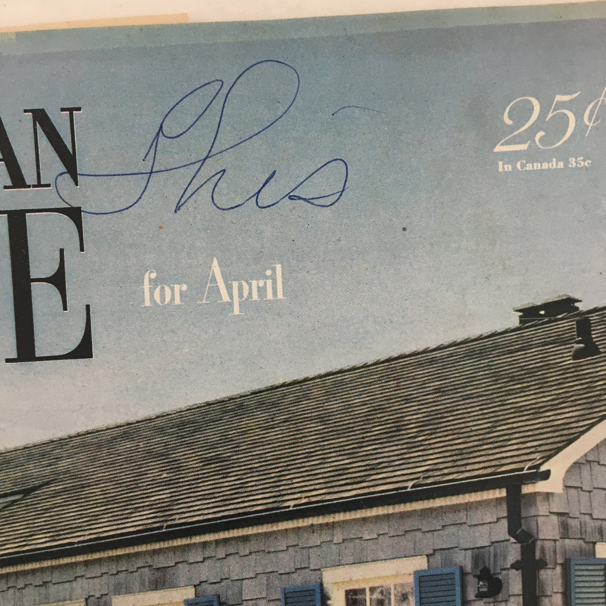 Close-up of the title area on the cover of The American Home Magazine April 1951, featuring a handwritten note above the title.