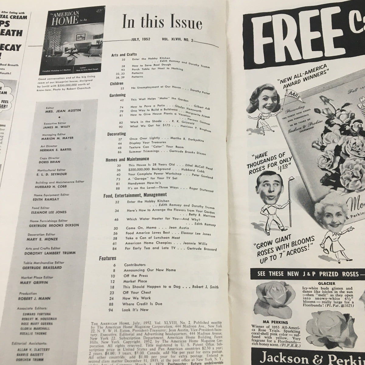 Inside page of The American Home Magazine July 1952 showing the table of contents with articles about home cooking, crafts, and tips for the hobby kitchen.