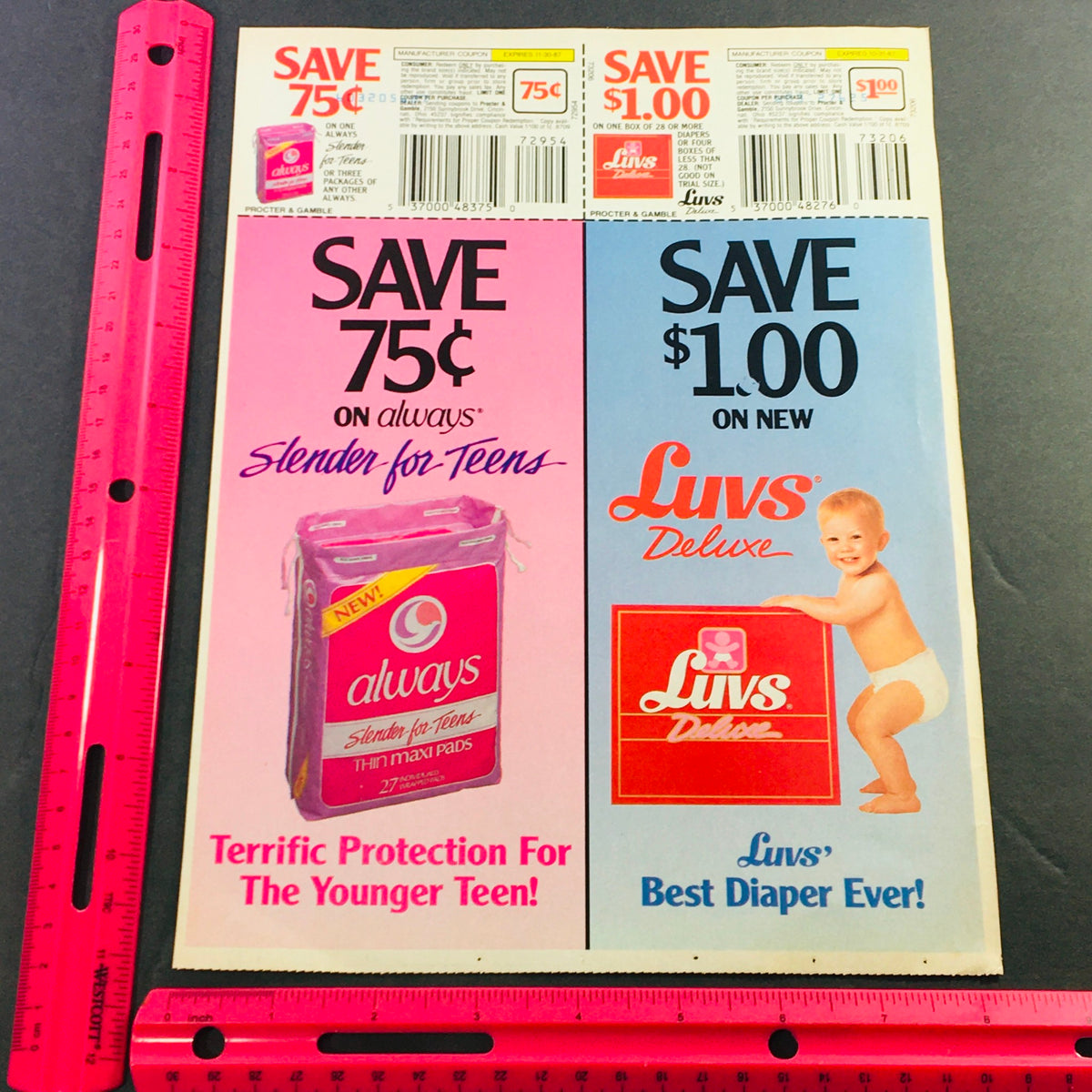 VTG Retro 1987 Always Slender for Teens & Luvs Deluxe Diaper Babies Ad Coupon showcasing discounts of 75 cents and 1 dollar for always slender pads and Luvs diapers, designed for the younger teen and presenting the Luvs brand.