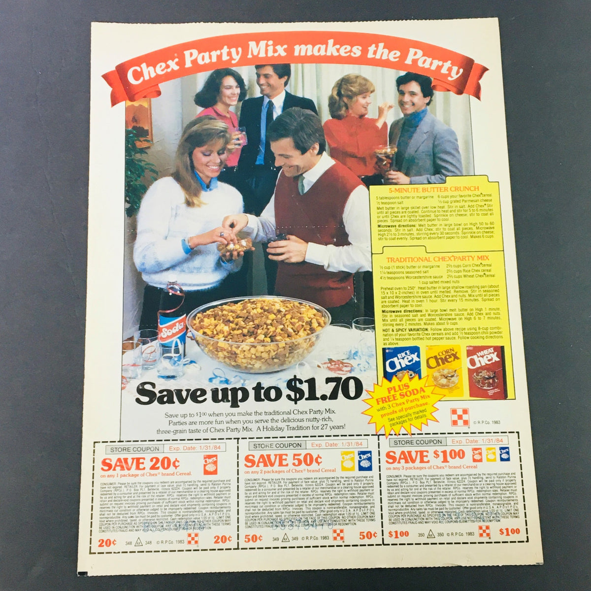 VTG Retro 1984 Chex Party Mix Cereal & Rice-A-Roni Gourmet Treats Ad Coupon featuring a gathering with people enjoying Chex Party Mix, showcasing the advertisement details and coupons available.