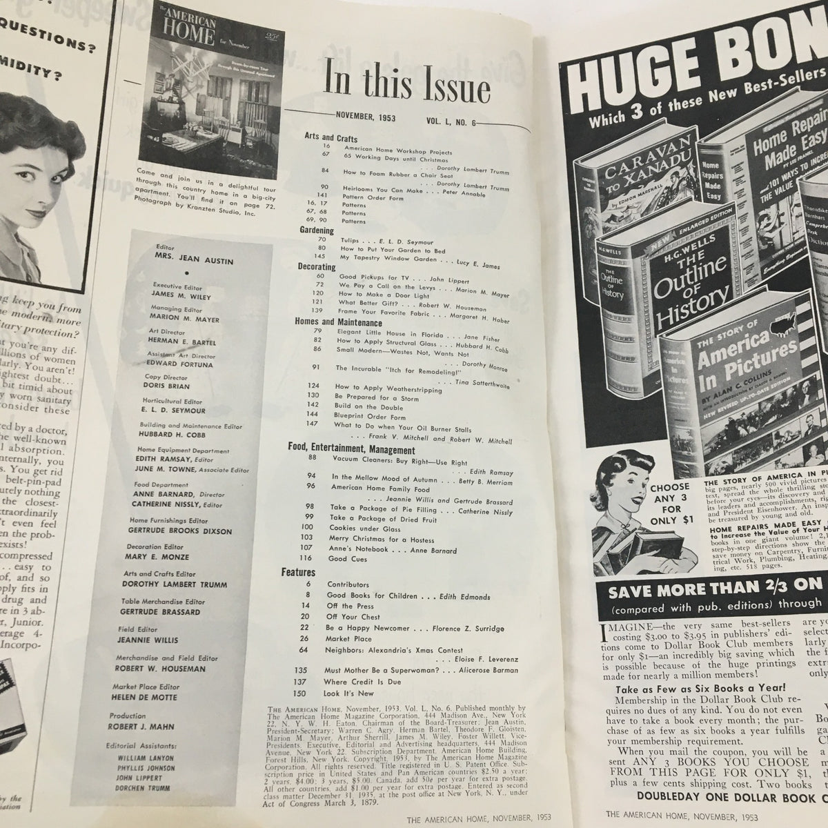 Contents page of The American Home Magazine November 1953, listing articles and topics covered in this issue, including DIY home projects and lifestyle tips.