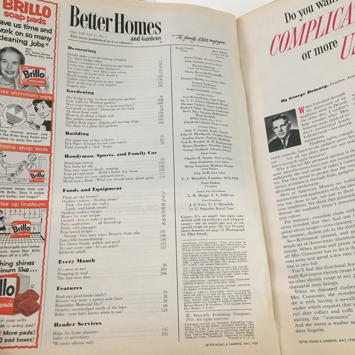 Table of contents page from Better Homes & Gardens May 1959 Flower Containers of Distinction and Beauty, displaying various sections and articles related to home and garden aesthetics.