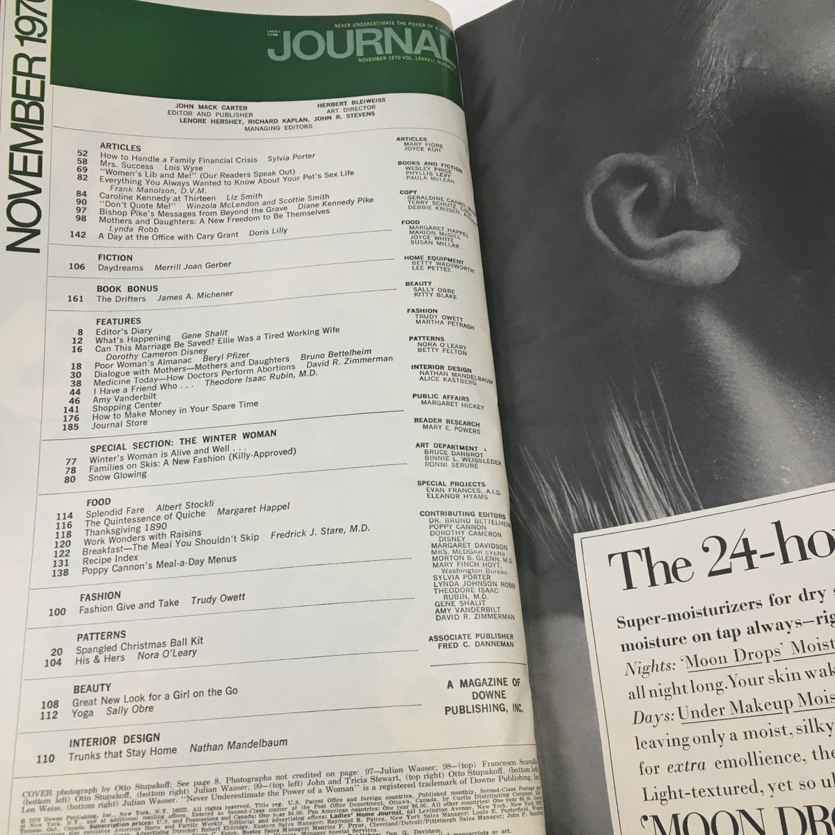 Interior view of the Ladies' Home Journal Magazine November 1970, featuring articles on various topics, book recommendations, and fashion tips, highlighting contributions by notable writers and advertisers.