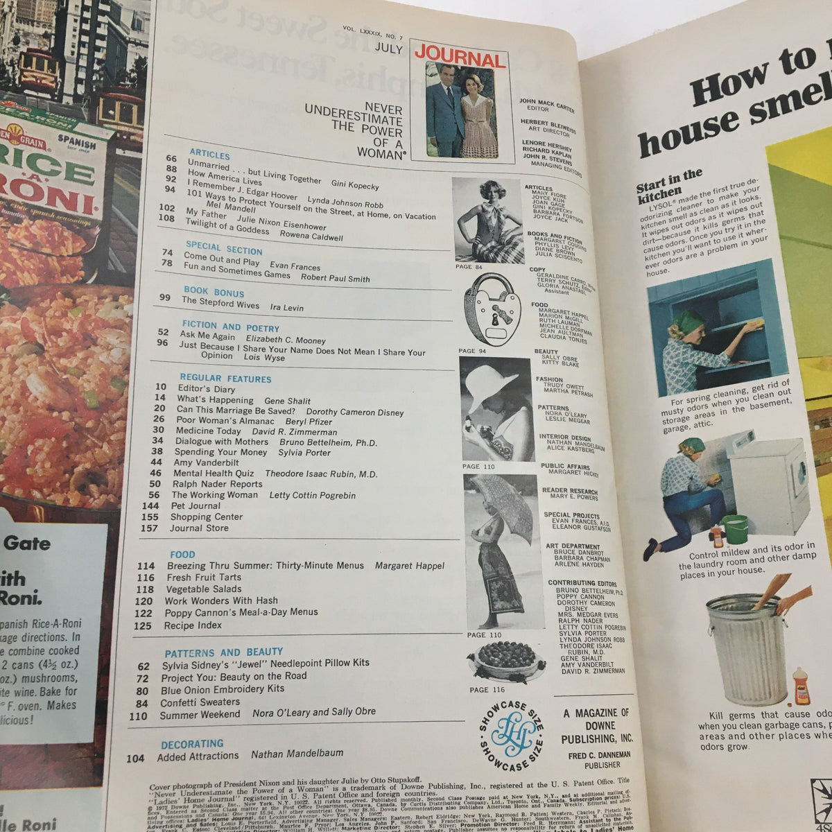 Interior page of Ladies' Home Journal Magazine July 1972 featuring articles, book bonus sections, fiction, poetry, and unique patterns. Highlights include President Richard Nixon and daughter Julie Nixon Eisenhower on the cover. A historical glimpse into the content and culture of the early 1970s.