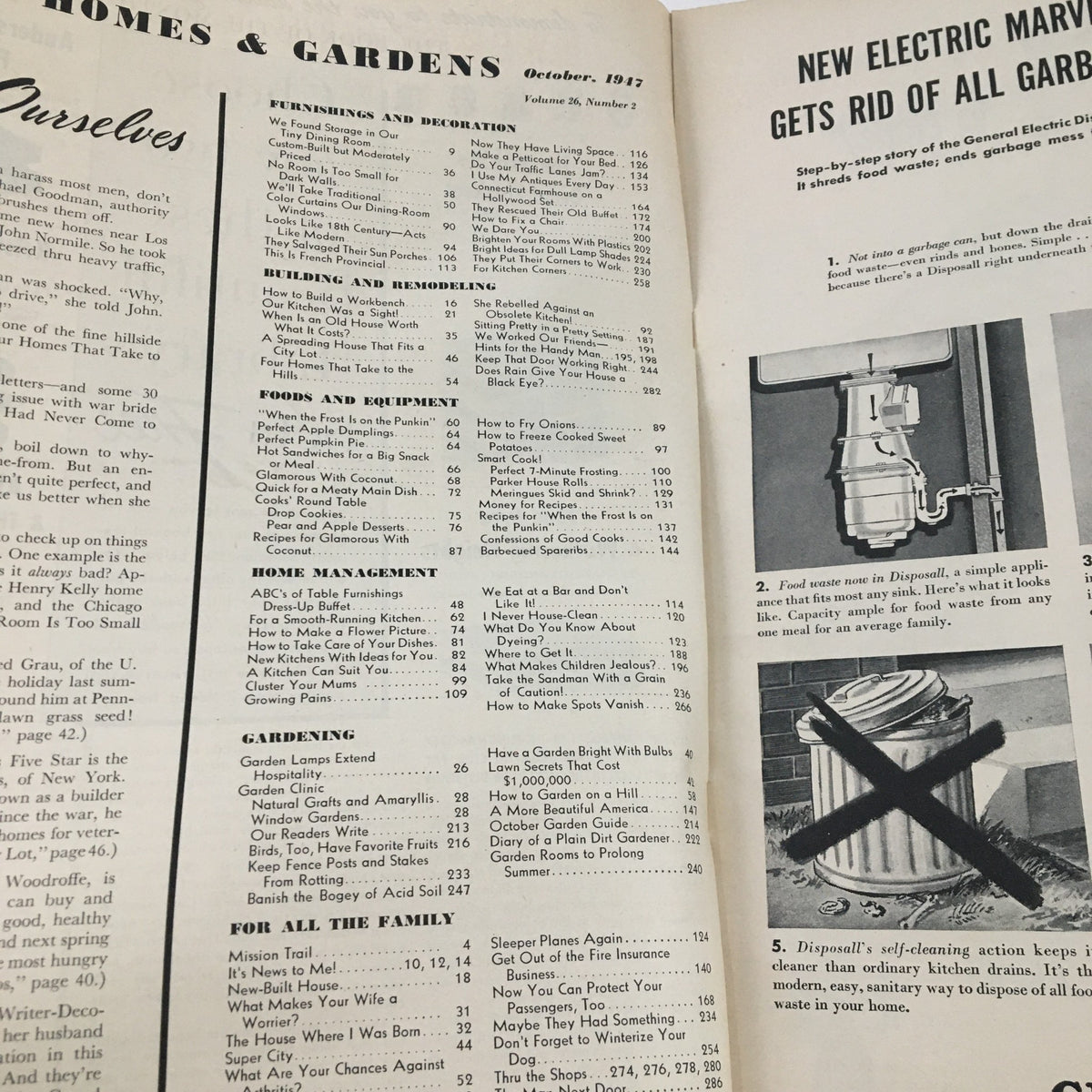 Inside page of Better Homes & Gardens October 1947 Golf Course Secrets For Your Lawn magazine featuring articles and insights on gardening and home management.