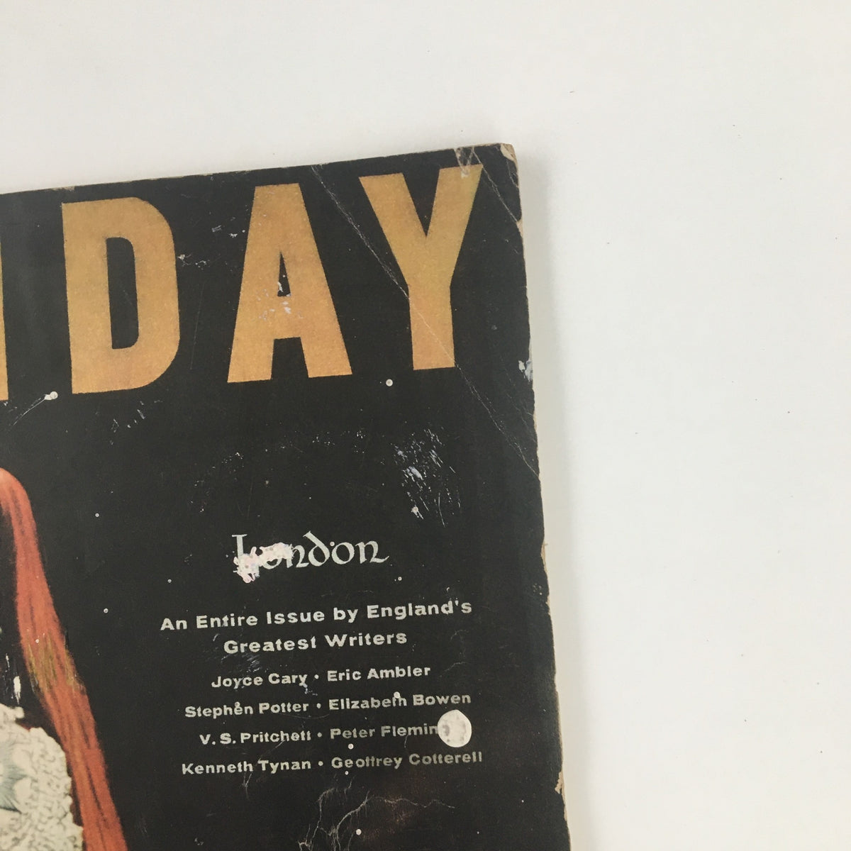 Top corner of Holiday Magazine April 1956 titled 'William Shakespeare's Raffish London', displaying the magazine title and condition.