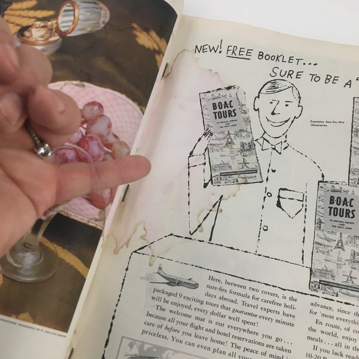 Interior page of Holiday Magazine April 1956 titled 'William Shakespeare's Raffish London', featuring an advertisement with a character holding a brochure.