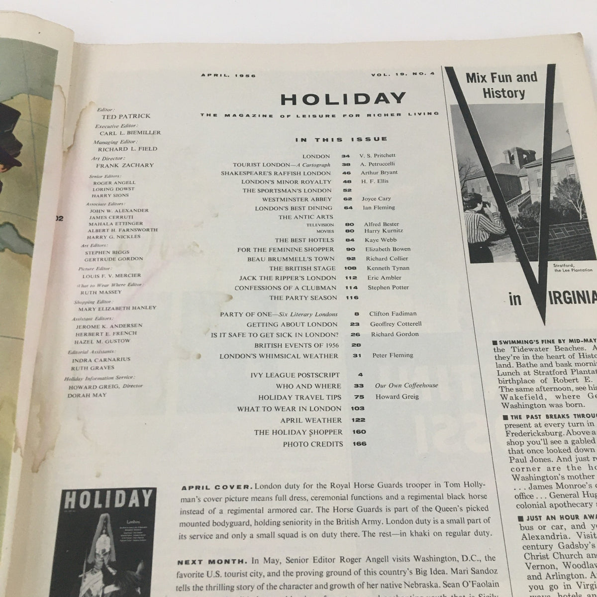 Interior page of Holiday Magazine April 1956 featuring table of contents with articles about London's attractions including Shakespeare's Raffish London.