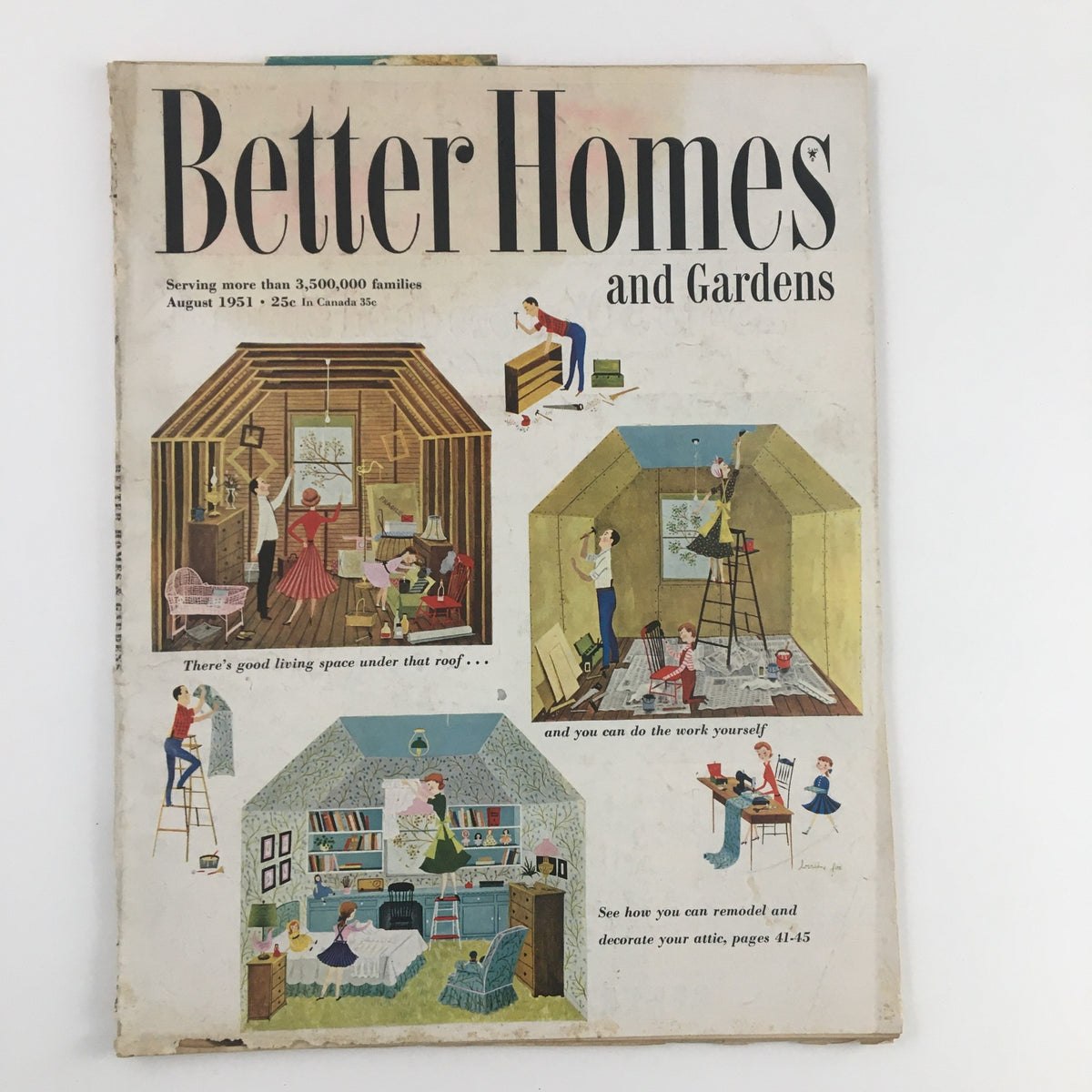 Cover of Better Homes & Gardens August 1951, featuring mid-century home design illustrations showcasing practical and decorative storage ideas, with images of families remodeling and organizing living spaces.