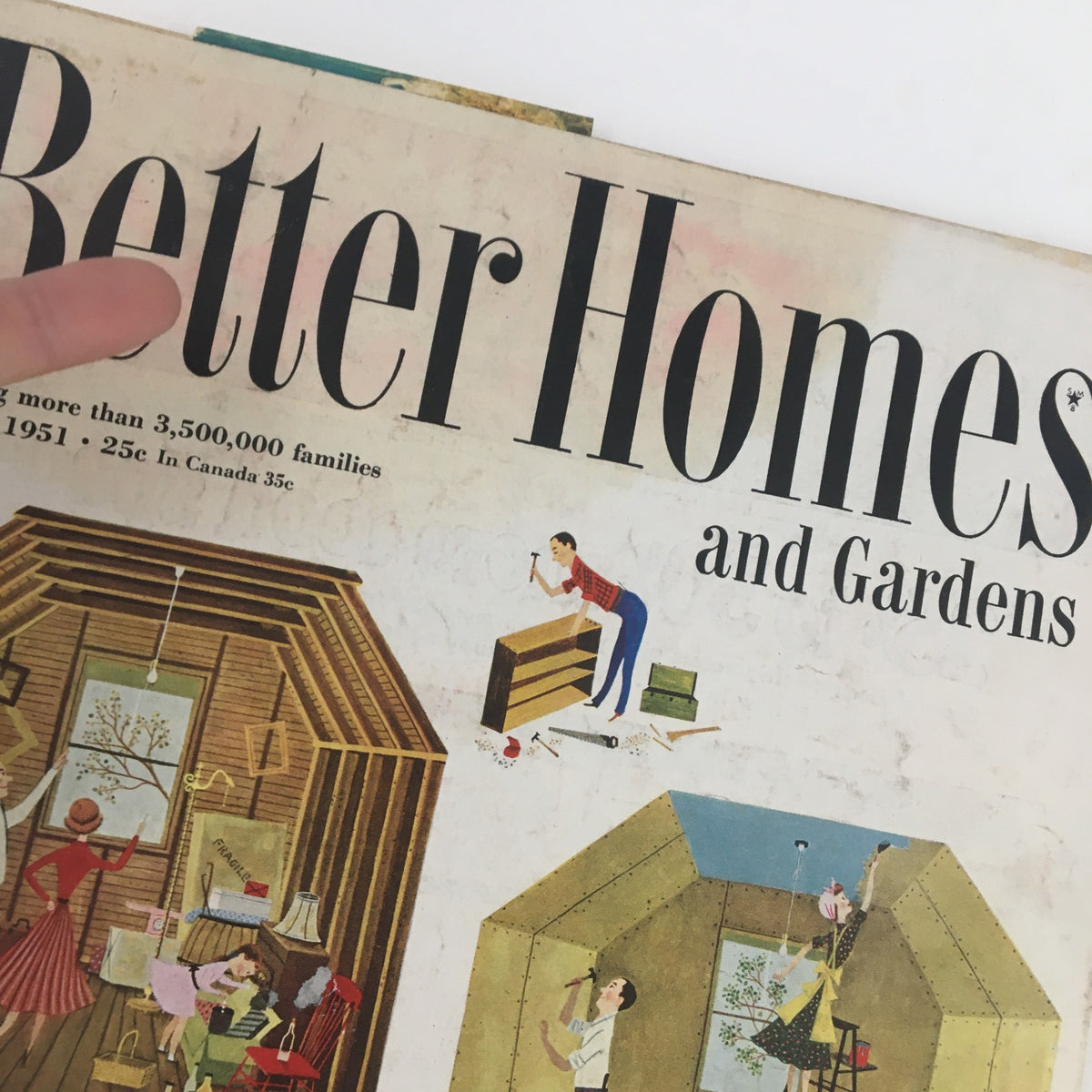Cover of Better Homes & Gardens August 1951 magazine showcasing practical storage ideas and decorative tips with vintage illustrations.