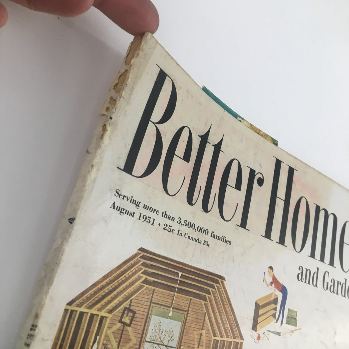 Top edge view of Better Homes & Gardens August 1951 magazine, highlighting the wear and charm characteristic of vintage publications.