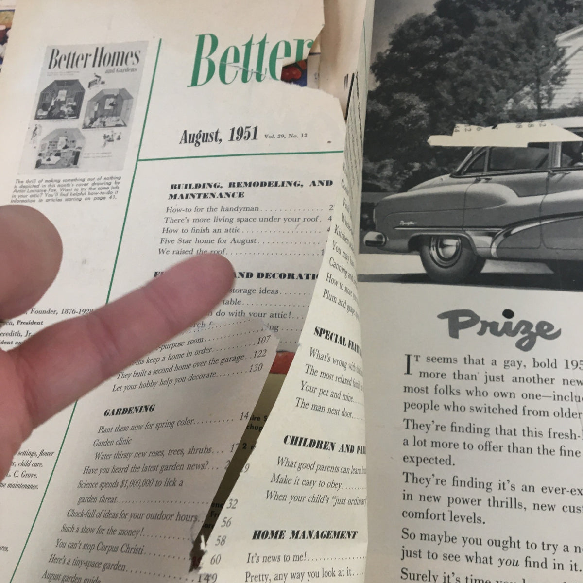 Close-up of the table of contents in Better Homes & Gardens August 1951 magazine, displaying articles on home management and gardening tips.