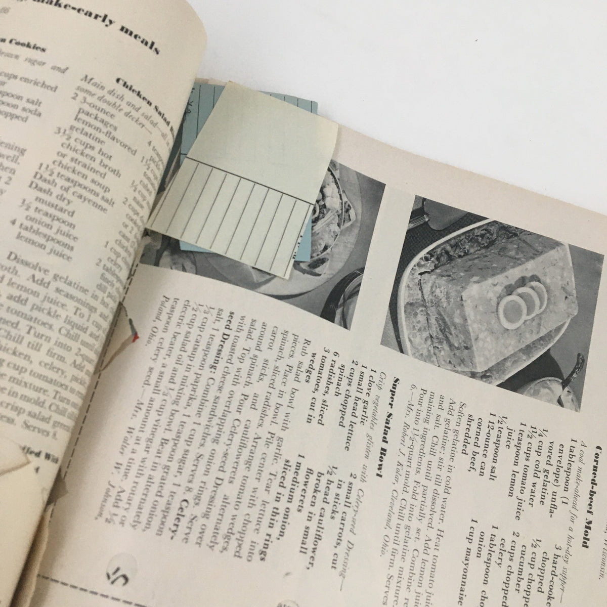 Interior page of Better Homes & Gardens August 1951 featuring practical storage ideas, with handwritten notes and vintage recipes.