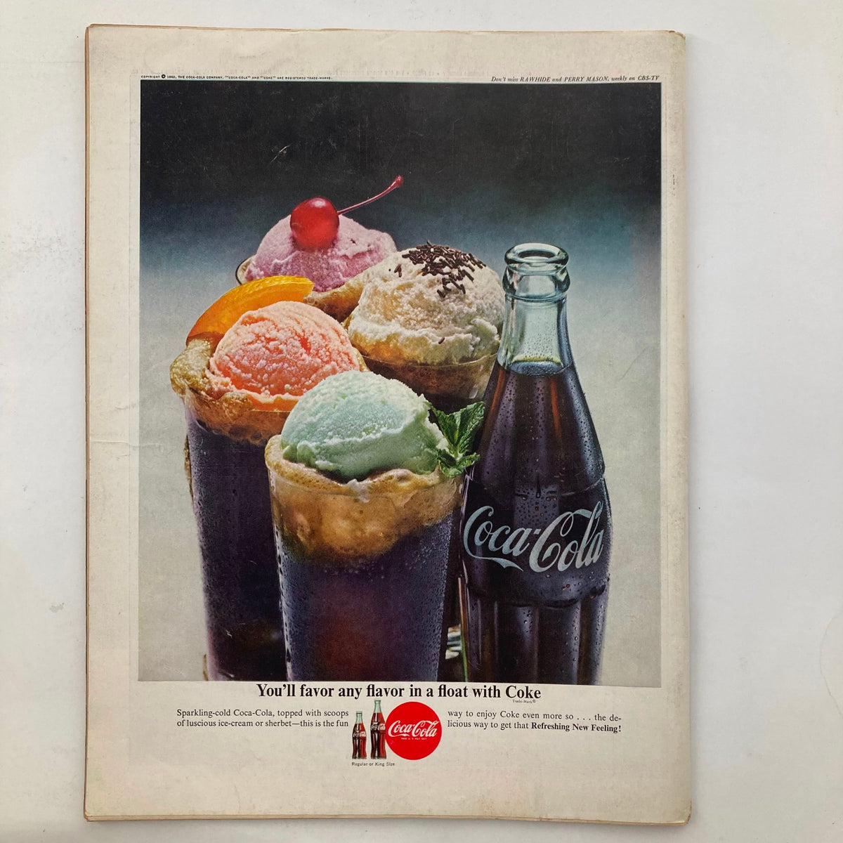 Vintage ad from Life Magazine June 15, 1962, featuring colorful ice cream floats served with Coca-Cola, promoting a refreshing way to enjoy drinks.