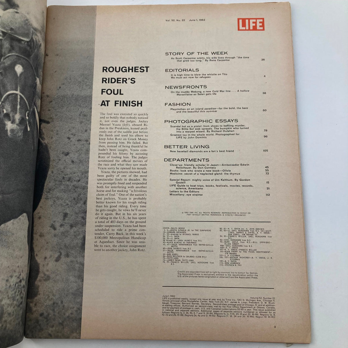 Inside page of VTG Life Magazine June 1 1962 showcasing editorial content, including the article 'Roughest Rider's Foul at Finish', highlighting cultural stories of the era.