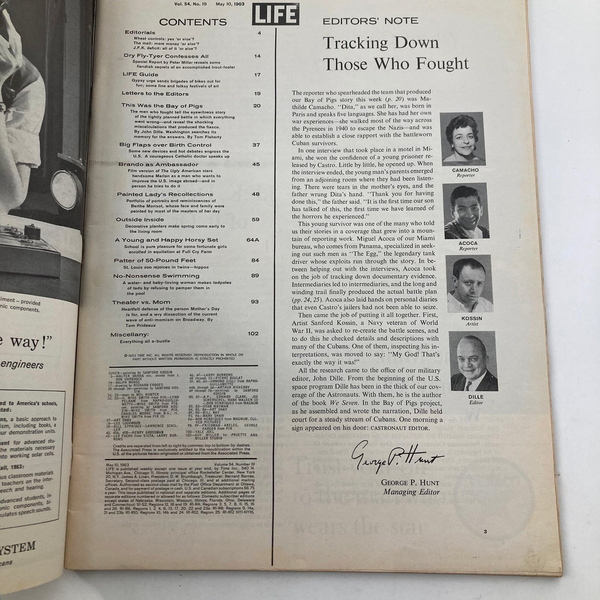 Contents page of VTG Life Magazine May 10 1963 Vol 54 No. 19 featuring the title 'This Was The Bay of Pigs' and editor's note.