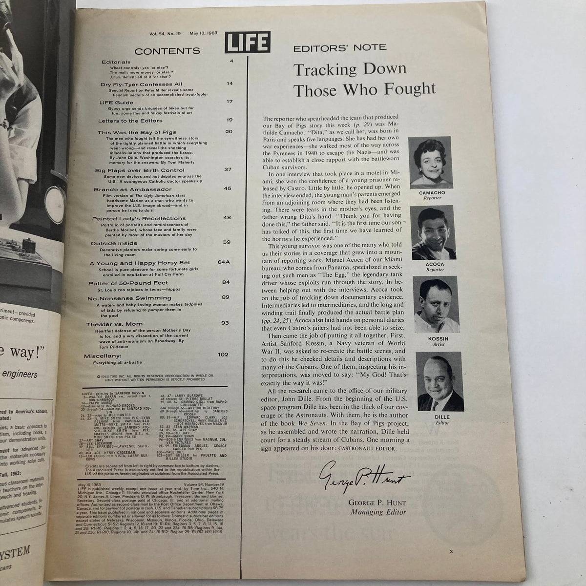 Inside page of VTG Life Magazine May 10, 1963, Volume 54 No. 19 displaying the table of contents and editor's note, highlighting features on the Bay of Pigs invasion.
