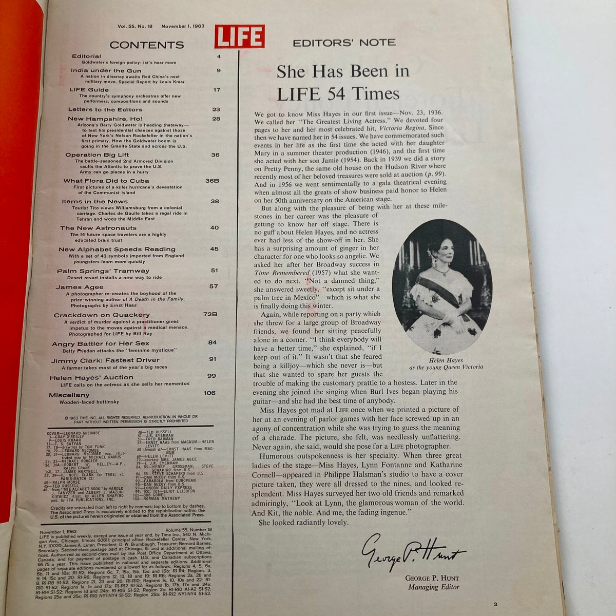 Contents page of VTG Life Magazine November 1, 1963, detailing articles and features in Volume 55, Number 18.