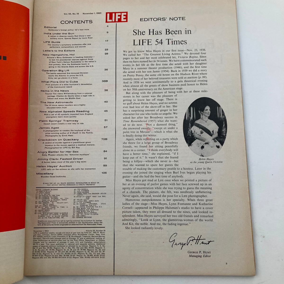 Inside page of VTG Life Magazine November 1 1963, showcasing the contents and editor's note from Volume 55 Issue 18.