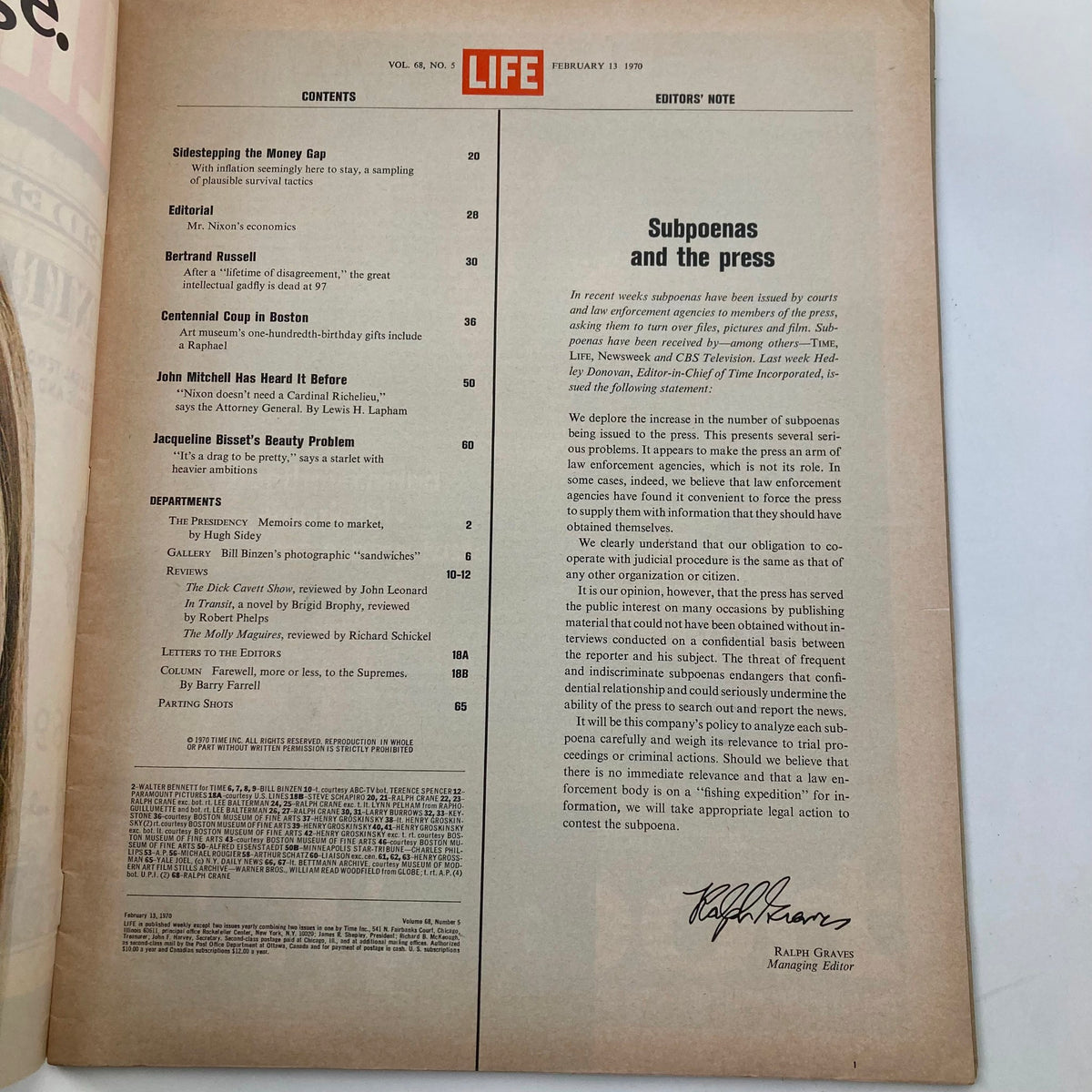 Inside page of the February 13, 1970 issue of Life Magazine, Volume 68, Number 5. The contents page lists articles including 'Sidestepping the Money Gap' and features the editor's note, showcasing the magazine's historical context.