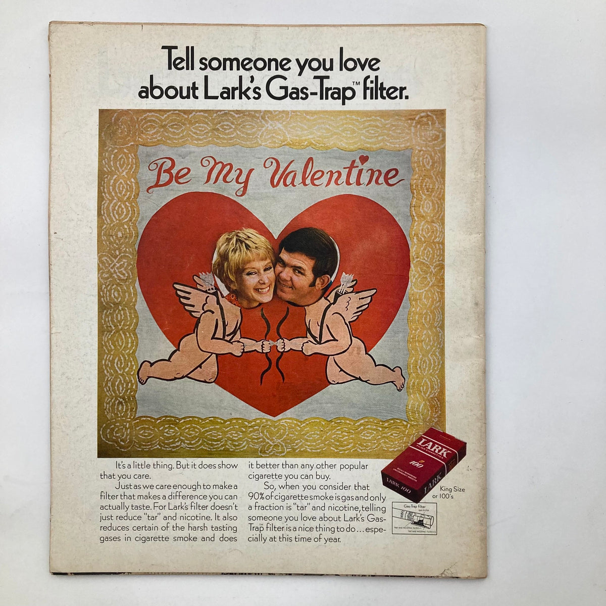 Back cover advertisement from the February 13, 1970 issue of Life Magazine promoting Lark's Gas-Trap filter cigarettes with a Valentine theme. The design features cherubs and highlights messages of love and cigarette choices.