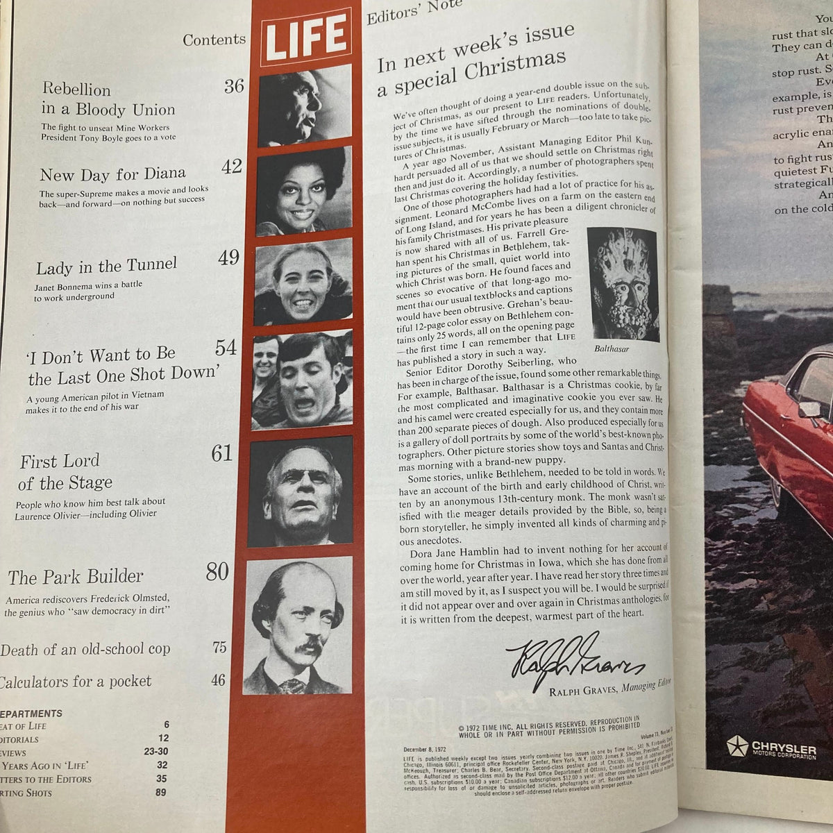 Table of contents page from VTG Life Magazine December 8, 1972, highlighting features including Diana Ross, Laurence Olivier, and various articles.