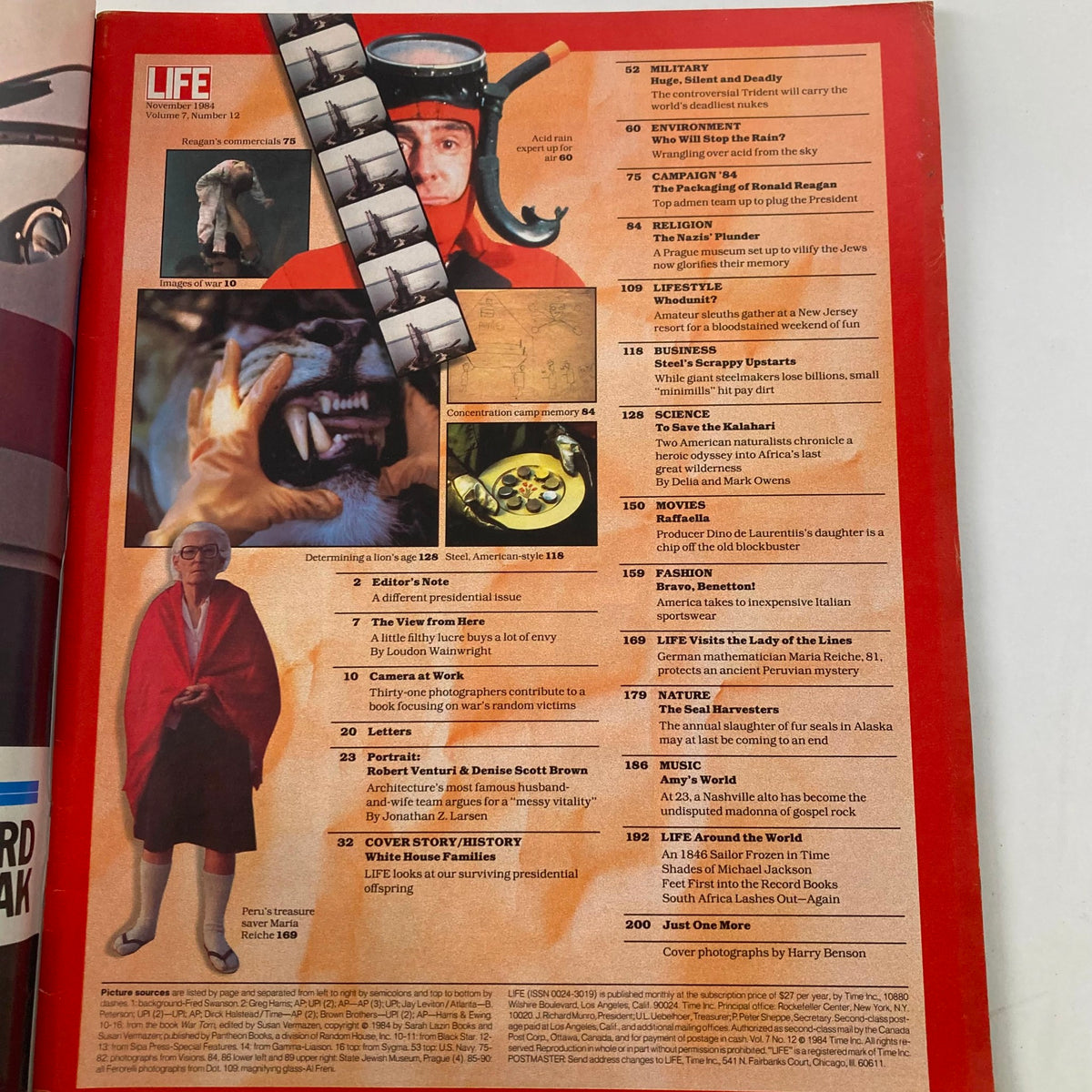 Interior page from the November 1984 VTG Life Magazine featuring a table of contents, showcasing various articles including a cover story on White House families.