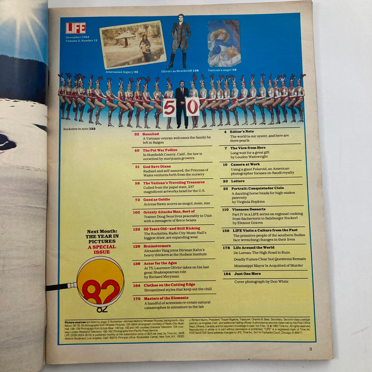 Inside page of Life Magazine, December 1982 Vol 5 No. 12 highlighting featured articles and events, with a focus on the Princess of Wales, Princess Diana.
