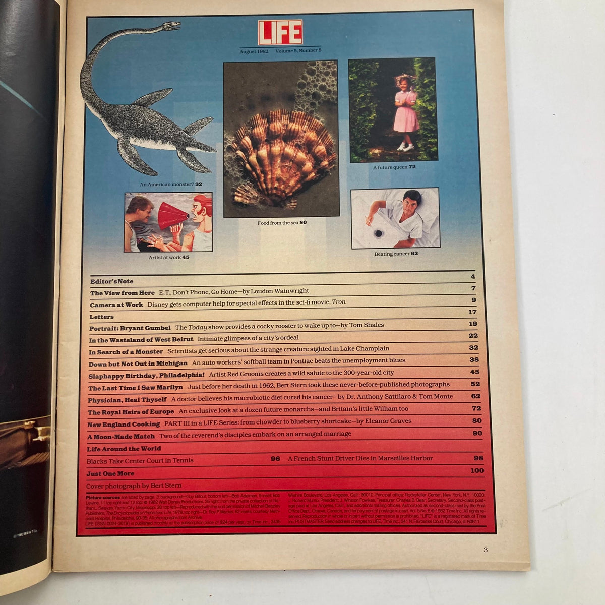 Table of contents from VTG Life Magazine August 1982 Vol 5 No. 8 featuring articles and features related to the unseen Marilyn Monroe.