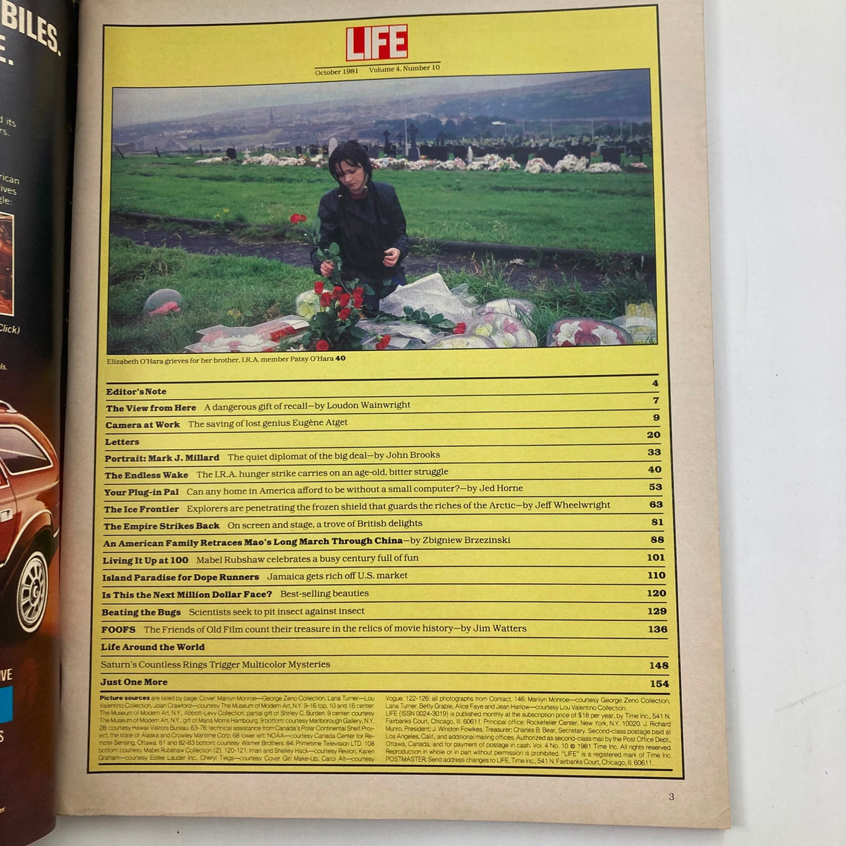 Interior page from VTG Life Magazine October 1981, Volume 4, Number 10, showcasing contents including articles about Hollywood and pop culture.