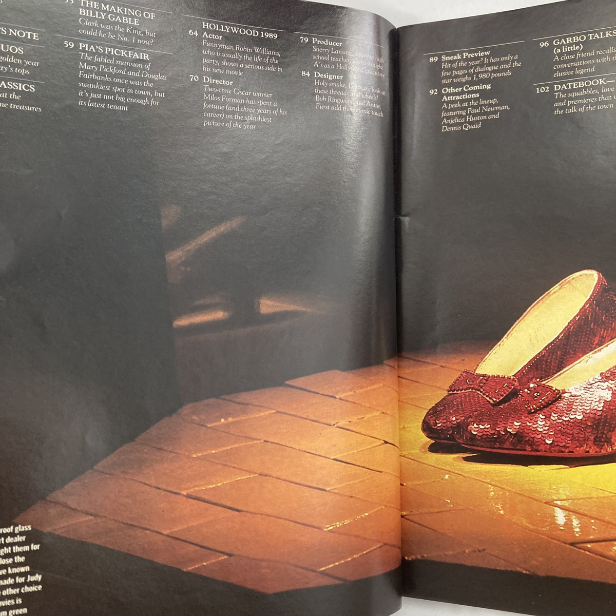 Inside page of VTG Life Magazine Spring 1989 showcasing a famous red sequined shoe, highlighting the feature 'Hollywood 1989' with text details.
