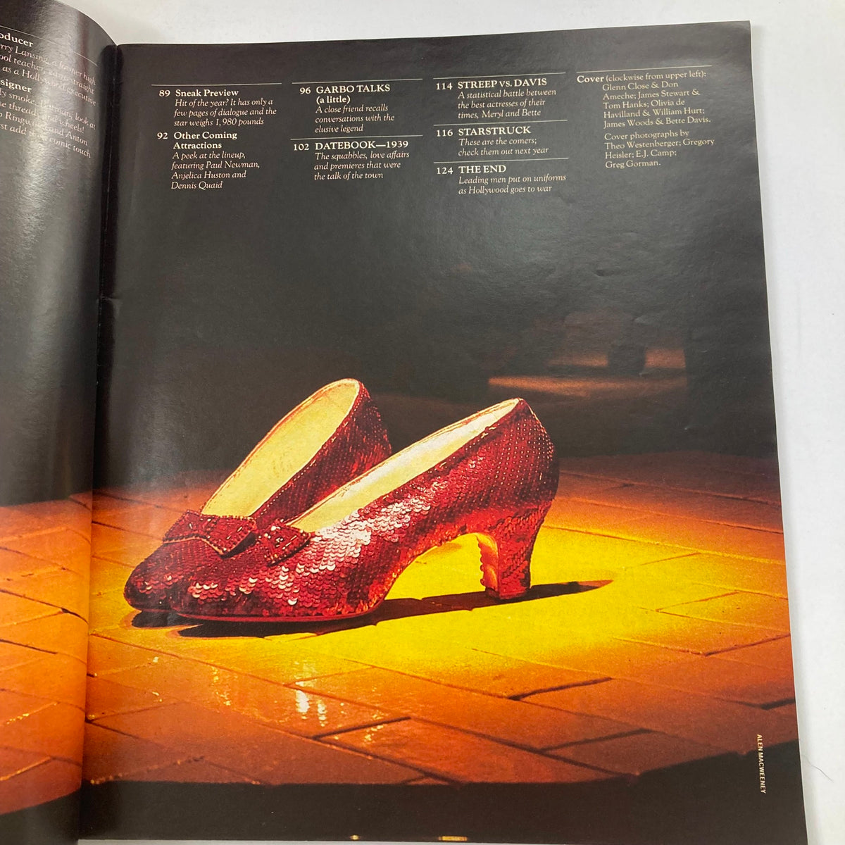 Another inside page of VTG Life Magazine Spring 1989, featuring a shiny red sequined shoe, listing magazine contents including 'Garbo Talks' and 'Streep vs. Davis'.
