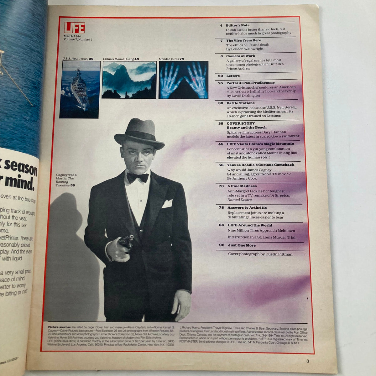 Inside page of Vintage Life Magazine March 1984, Volume 7 Number 3, highlighting various articles including a cover story on Daryl Hannah and features related to James Cagney.