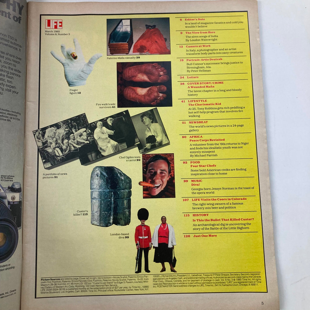 Table of contents from VTG Life Magazine March 1985, Volume 8 Number 3, highlighting features including Fire Walk's Sole Survivors.
