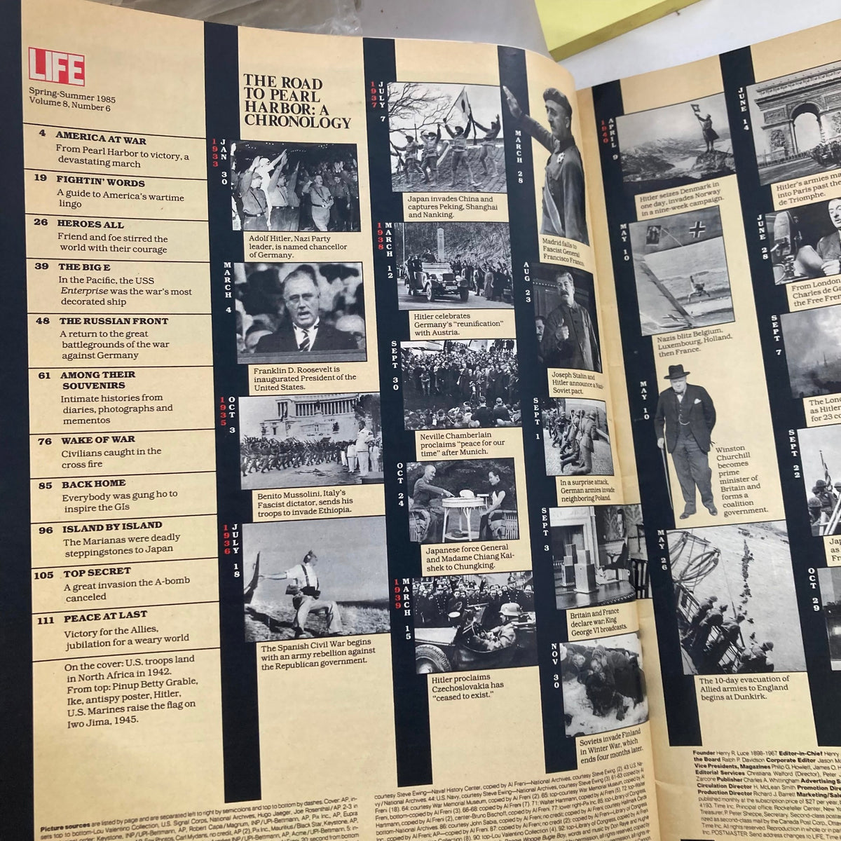 Inside page of VTG Life Magazine Spring-Summer 1985, Vol 8 No. 6, showcasing a chronology of events leading to Pearl Harbor during World War II.